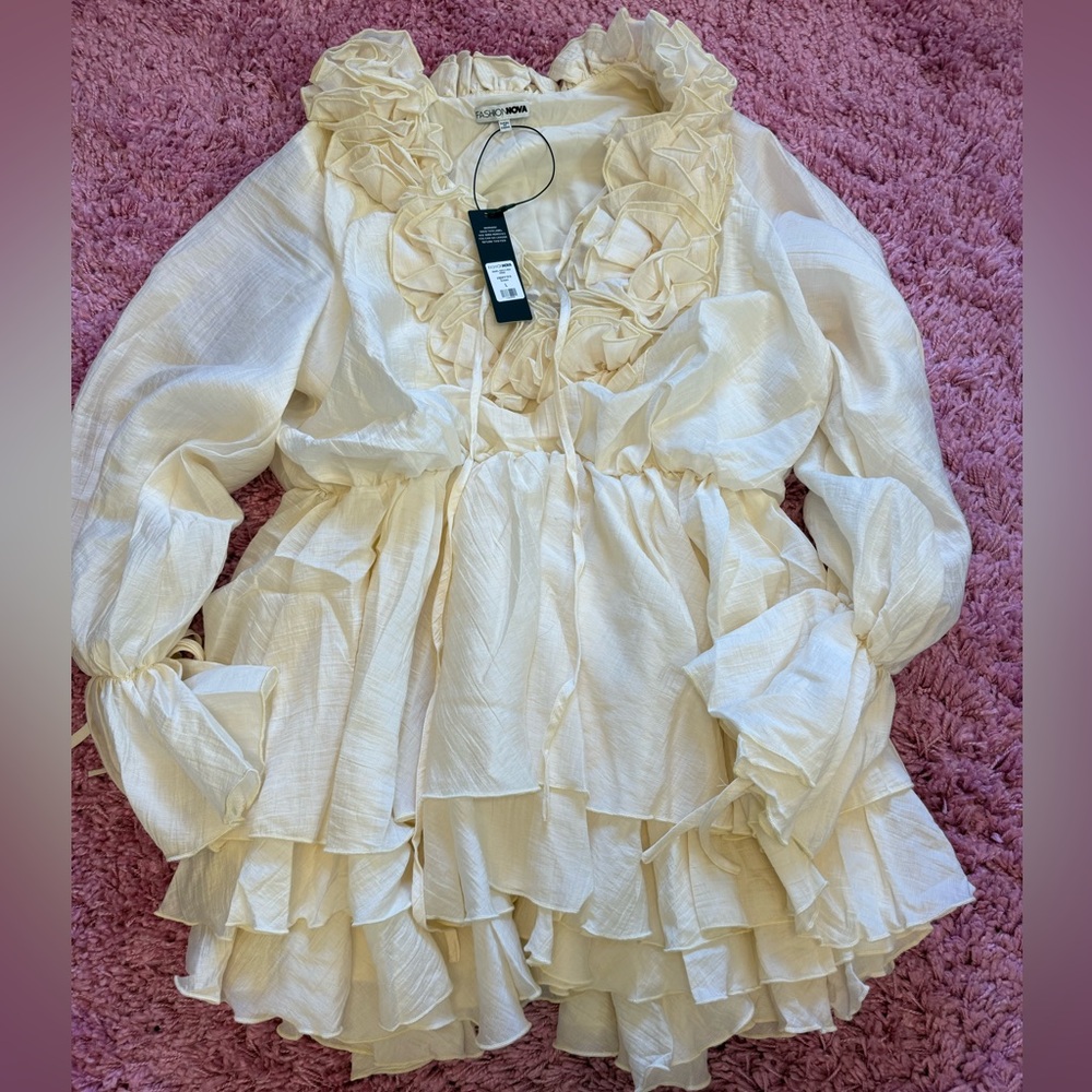 Fashion Nova Cream Ruffle V-Neck Mini Dress - Picture 2 of 5